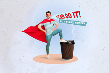 Collage 3d image of pinup pop retro sketch of funny funky man superhero mask cloak step coffee paper cup morning energy motivation recharge