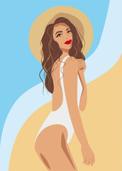 bella mujer con sombrero de playa y traje de baño