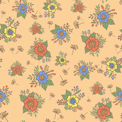 Colorful wild flower bunch seamless pattern vector background