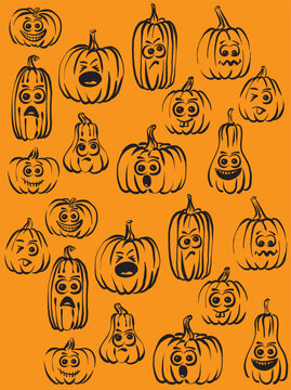 set wallpaper orange funny pumkins halloween concept drawing vector illustration