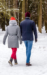  A guy and a girl walking in winter Park
