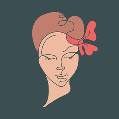 Hair salon, beauty studio, skin care illustration.Woman face.Fashion, cosmetics and spa icon isolated on dark fund.Cute young lady portrait.Beautiful hairstyle model.Luxury,glamour, artistic logo.