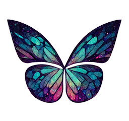 Magical glowing neon and fluorescent butterfly in top view . Butterfly on a white background