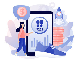 Step counter in smartphone. Pedometer, fitness tracker concept. Walking to earn money mobile app. Digital sneaker. Crypto currency coin. Modern flat cartoon style. Vector illustration 