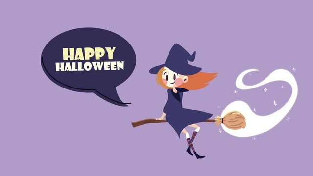 happy halloween animation with witch flying