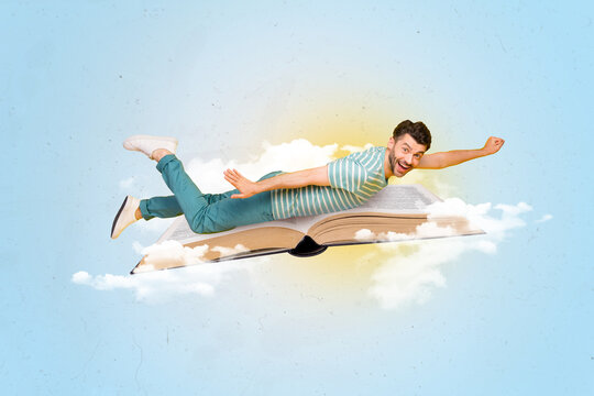 Composite collage image of excited cheerful guy raise fist flying big opened book isolated on clouds sky background