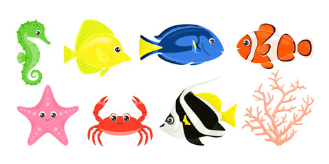 Set of coral reef fish. Cute crab, starfish, bannerfish, blue and yellow tang, zebrasoma, clownfish, seahorse and corals. Sea life. Vector cartoon illustration of ocean animals and fish.