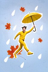 Vertical creative collage image of positive funky young man hold hang umbrella enjoy rainy weather walking falling autumn leaves have fun