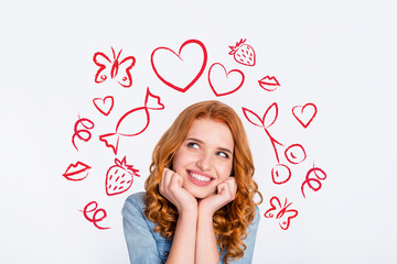 Composite collage image of excited cute charming adorable young woman girlfriend dating valentine day doodles hearts candies affection