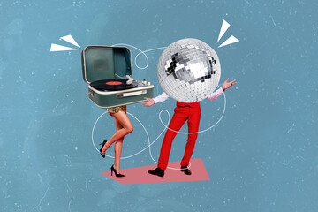 Creative abstract template collage of funny funky couple disco ball vinyl recorder woman man...
