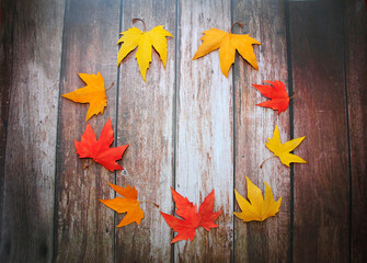dry autumn maple multicolored red orange yellow leaves on a wooden background