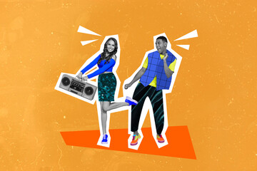 Collage image of two excited positive people black white gamma hold boombox enjoy dancing isolated...