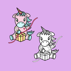 A set of images, a Festive Cute pink Unicorn with a gift box, vector cartoon