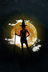 Vertical collage picture of mysterious conjurer girl wear cone hat hold broom isolated on moonlight dark background