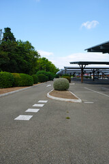 Road markings. Solar panels on the parking lot Provence, France. Copy space.