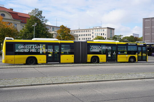 BVG Gelenkbus an der Betriebshaltestelle in der Hertzallee in Berlin am 29.09.2022
