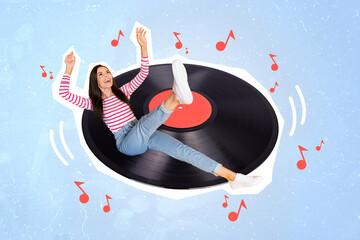 Collage picture of excited positive girl have fun good mood huge vinyl record drawing melody...
