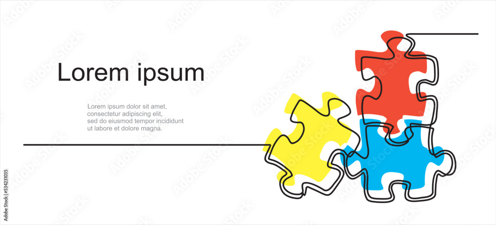Poster continuous one line drawing of a two piece jigsaw on a white background. puzzle game symbol and icon
