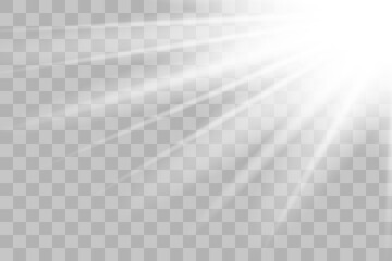 Shining sun glare rays, lens flare sun. Vector illustration png effect. Sunlight glowing white beam sunrays sky background. 