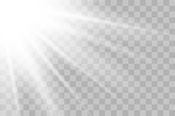 Shining sun glare rays, lens flare sun. Vector illustration png effect. Sunlight glowing white beam sunrays sky background. 