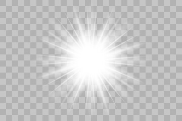 Shining sun glare rays, lens flare sun. Vector illustration png effect. Sunlight glowing white beam sunrays sky background. 