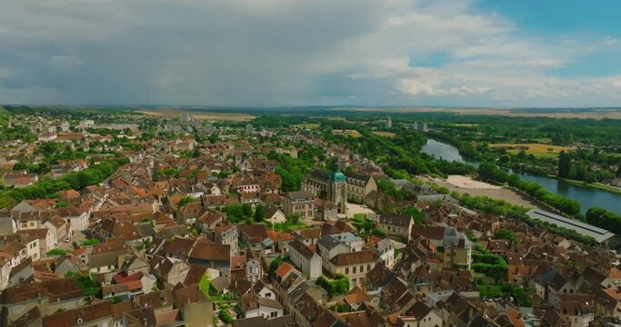 Aerial view of the French city of Joigny. Joigny is a commune in the Yonne department in Bourgogne-Franche-Comte in north-central France