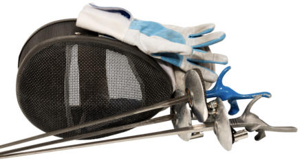 Foil fencing equipment. Three fencing foils with pistol grip (sporting weapon - sword), a fencing mask and a blue and white glove. Isolated on transparent background, photography, png.