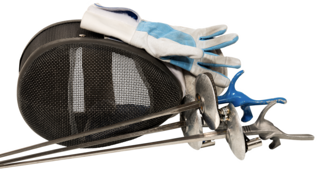 Foil fencing equipment. Three fencing foils with pistol grip (sporting weapon - sword), a fencing mask and a blue and white glove. Isolated on transparent background, photography, png. - Powered by Adobe