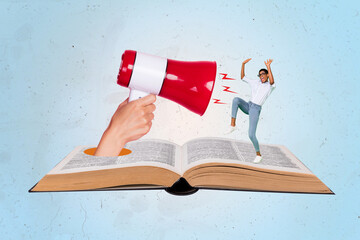 Composite collage of terrified person stand huge opened book arm hold loudspeaker isolated on...