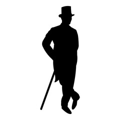 Hombre dandy con frac. Silueta aislada de hombre de pie con traje de etiqueta con sombrero de copa y apoyado en bastón - obrazy, fototapety, plakaty
