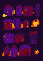 Fototapeta na wymiar Poster autumn city, children illustration houses background