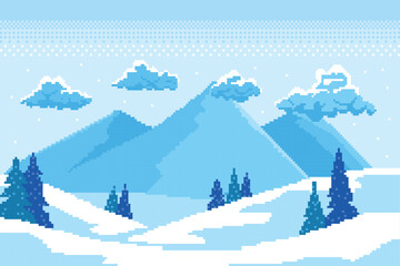 winter pixel art, winter beauty there are fir trees covered in white snow