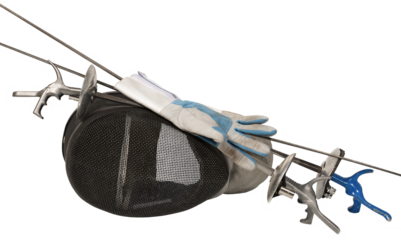 Foil fencing equipment. Three fencing foils with pistol grip (sporting weapon - sword), a fencing mask and a blue and white glove. Isolated on transparent background, photography, png.