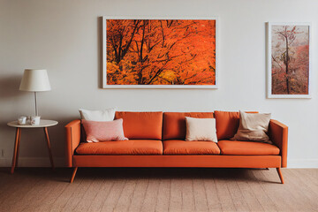 Contemporary living room in fall colors, digital art