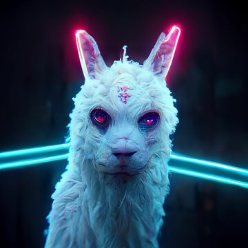 close up of a alpaca with background scary tiger with big teeth "3D illustration" or "3D rendering" (selective focus) (colorful)