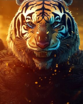scary tiger with big teeth "3D illustration" or "3D rendering" (selective focus) (colorful)