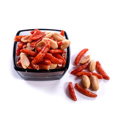 Nuts and crackers for beer in a glass bowl isolated on white background.