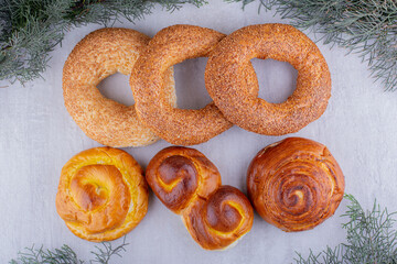 Bunch of baked goods on white background