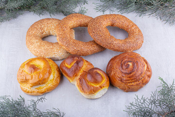 Small bundle of baked goods on white background