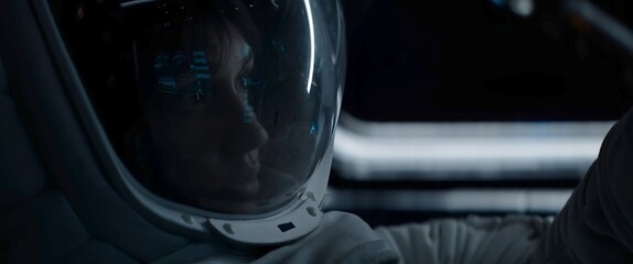 Portrait of Caucasian female astronaut inside spaceship cockpit. Sci-fi space exploration concept. Moon mission - obrazy, fototapety, plakaty