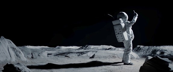 Astronaut searching for cellular or wi-fi signal while walking on Moon surface - obrazy, fototapety, plakaty
