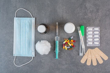 Bunch of medical tools on marble background