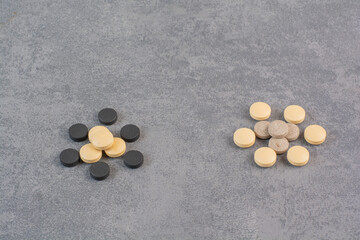 Bunch of medical pills on marble background