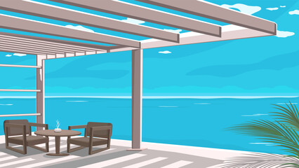 Naklejka na ściany i meble Terrace with sea view. Vacation and relaxation concept. Vector cartoon illustration of house patio or hotel with chairs and table.