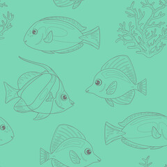 Outline coral reef fish on turquoise background. Vector seamless pattern. Simple illustration of bannerfish, blue tang, zebrasoma and corals.