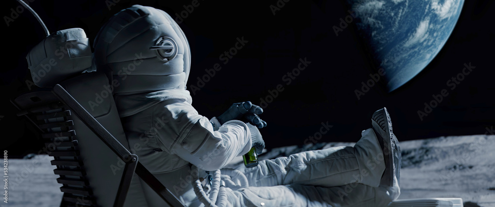 Wall mural back view of lunar astronaut having a beer while resting in a beach chair on moon surface, saluting 