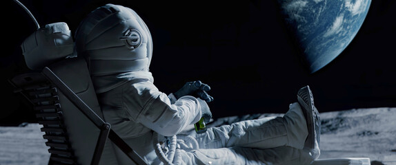 Back view of lunar astronaut having a beer while resting in a beach chair on Moon surface, saluting to Earth