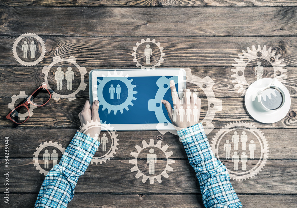 Poster concept of teamworking and connection with gears mechanism and tablet pc