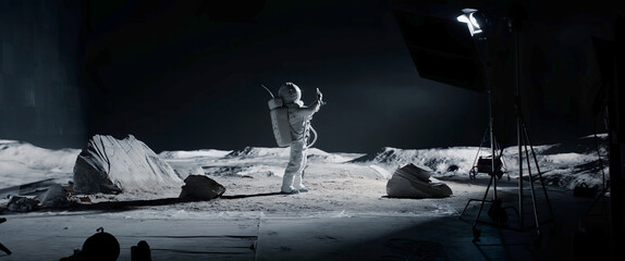 WIDE Male actor in astronaut suit making selfie on a Moon Lunar movie shooting set - obrazy, fototapety, plakaty