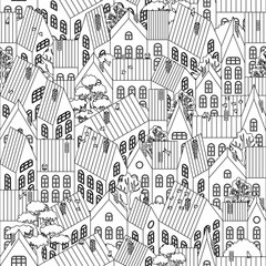 Houses are an isometric projection. Cute beautiful town  seamless pattern.Contour illustration, coloring. Texture for fabric, wrapping, wallpaper